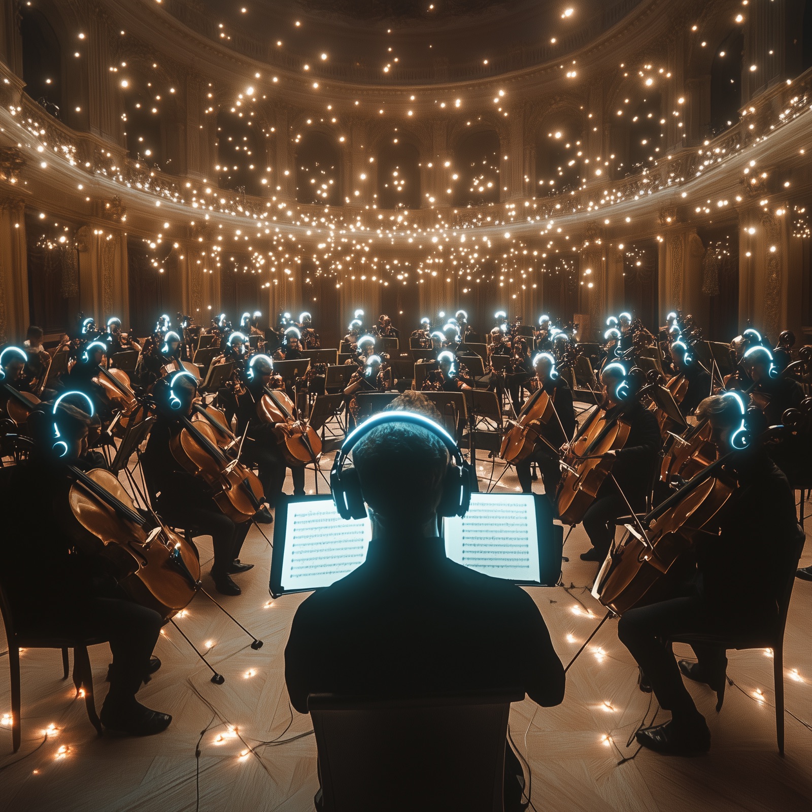 A grand 1700s orchestra funneling into a modern device, representing the symphonic understanding brands can achieve through real-time dialogue with consumers.